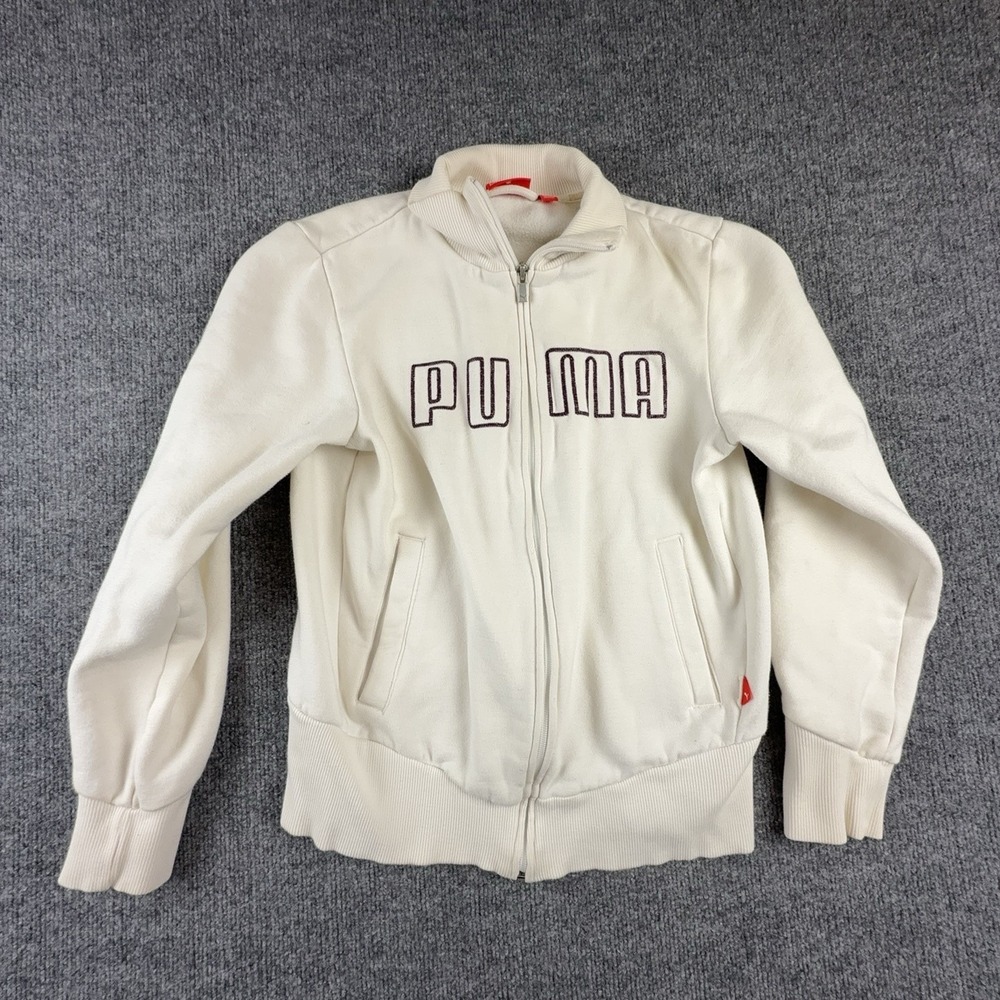 PUMA Jacket Womens Medium White Full Zip Fleece Track Logo Pockets Athletic